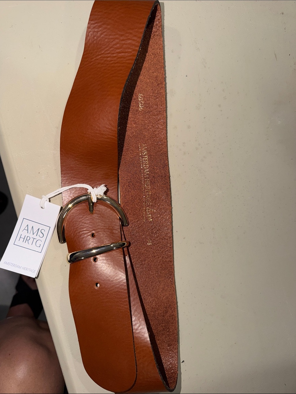 AMS HRTG Wide Tan Leather Belt with Gold Buckle